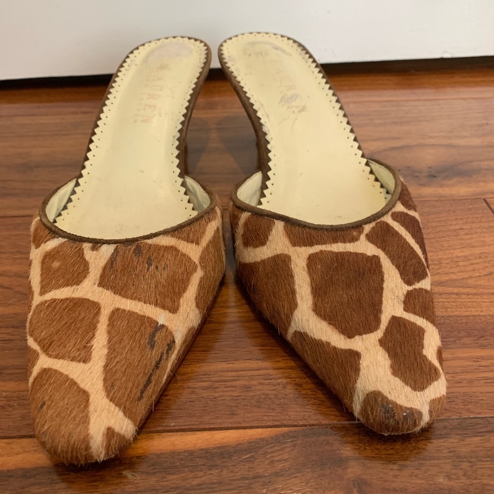 Ralph Lauren leather giraffe print mules